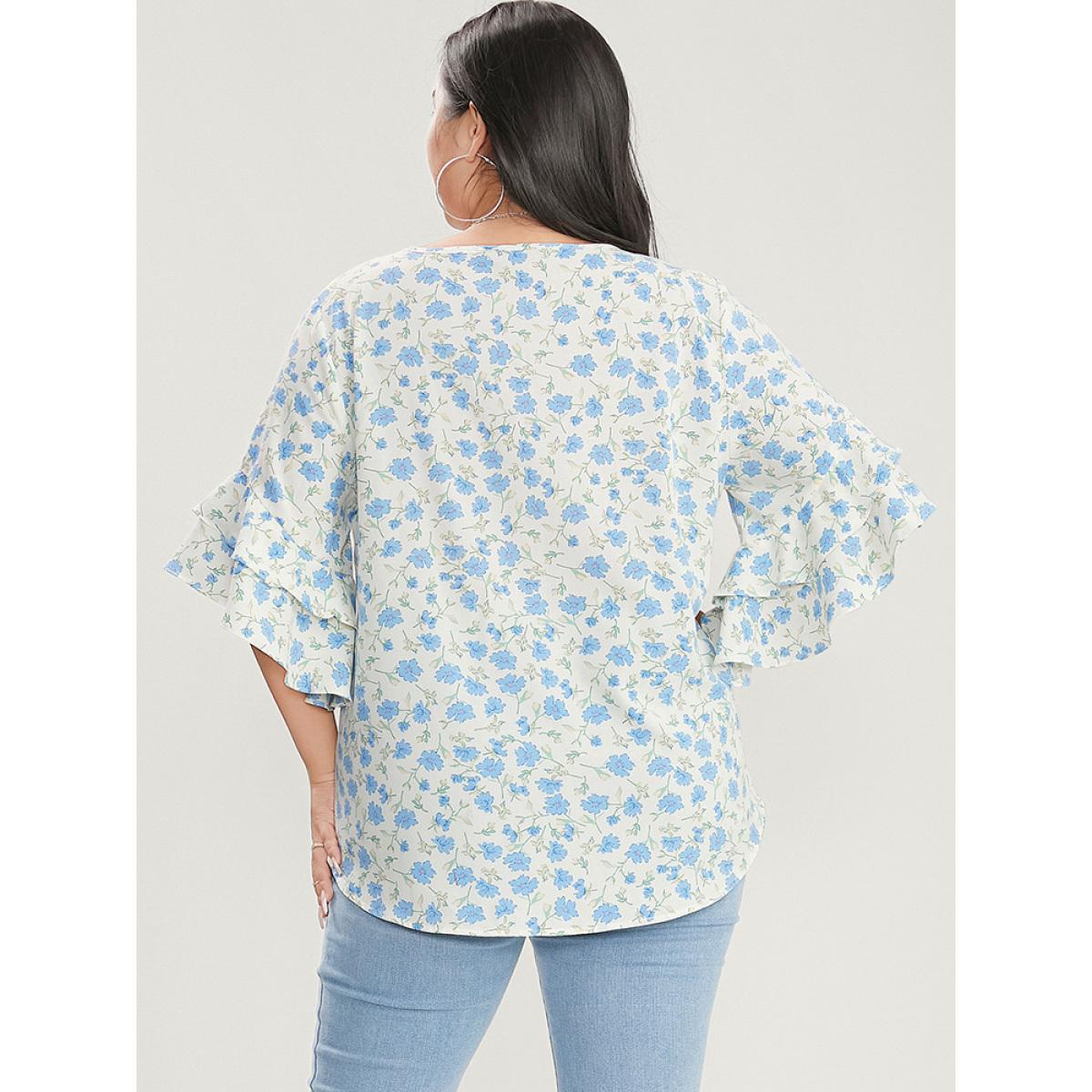 Plus Size White Floral Printed Knotted Front V Neck Ruffle Sleeve Blouse Women Elegant Elbow-length sleeve V-neck Dailywear Blouses BloomChic 26/4X Product Image