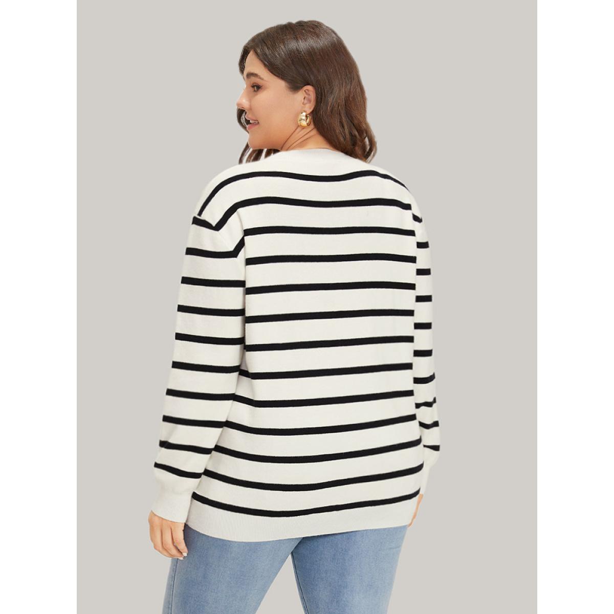 Plus Size Supersoft Essentials Striped Heart Keyhole Mesh Pullover Ivory Women Casual Loose Long Sleeve Round Neck Dailywear Pullovers BloomChic 26/4X Product Image