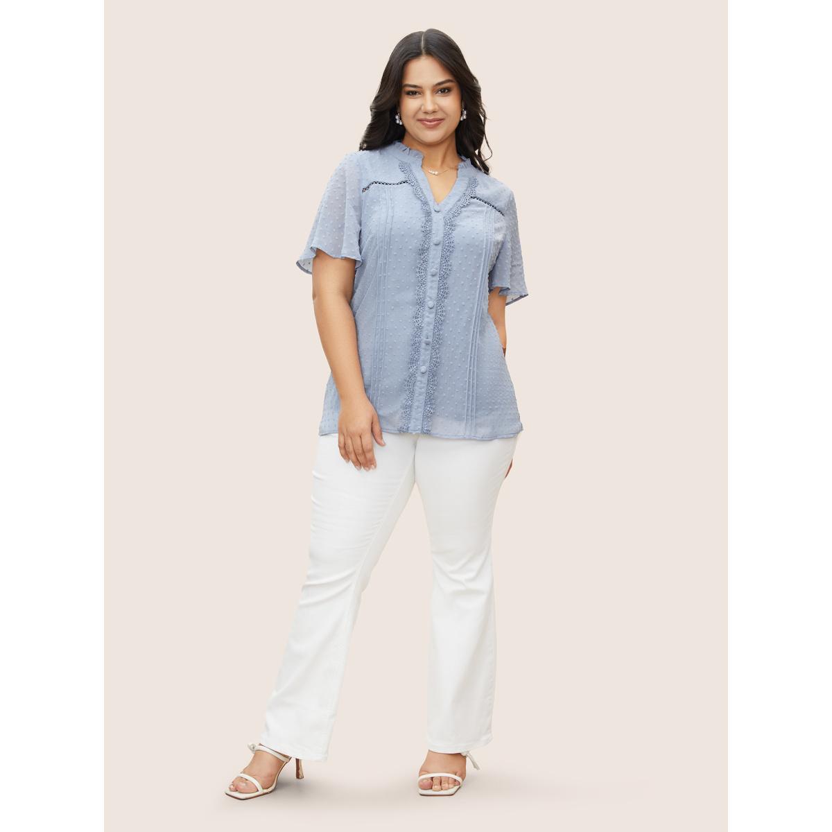 Plus Size Stone Textured Lace Insert Pleated Flutter Sleeve Blouse Women Elegant Short sleeve Flat collar Everyday Blouses BloomChic 14-16/1X Product Image