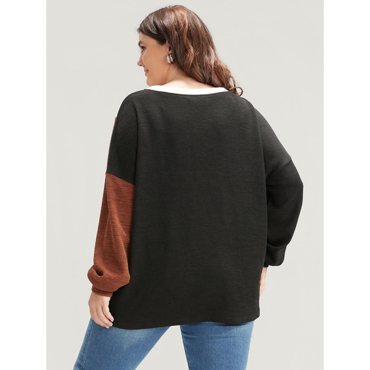 Plus Size Colorblock Contrast Rib Knit Drop Shoulder Sweatshirt Women Multicolor Elegant Patchwork Round Neck Dailywear Sweatshirts BloomChic 30/6X Product Image