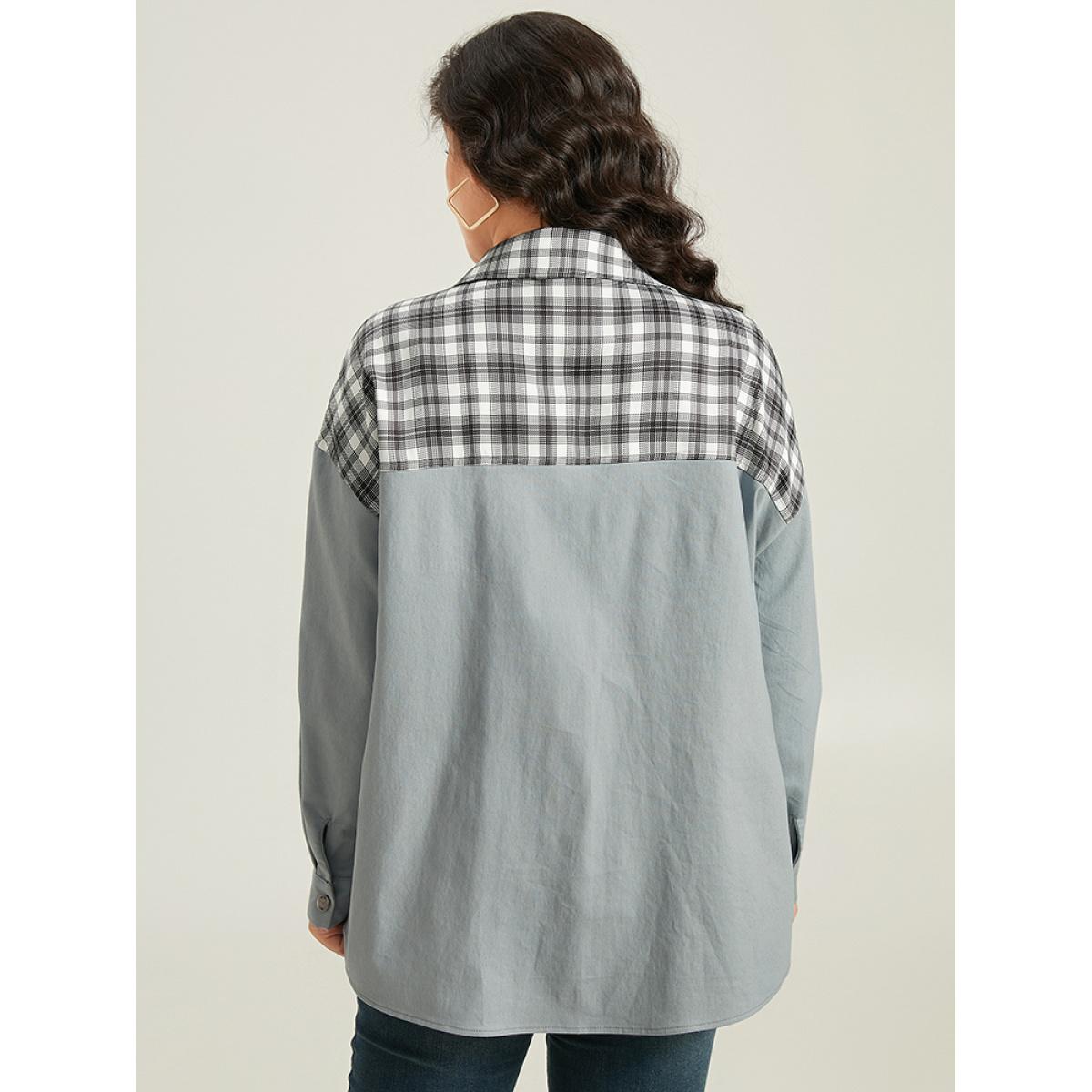 Plus Size Plaid Pocket Patchwork Contrast Coat Women LightBlue Casual Contrast Ladies Everyday Winter Coats BloomChic 14-16/1X Product Image