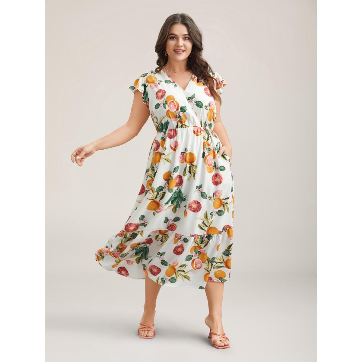 Plus Size Spring Fruits Wrap Neck Midi Dress Ivory Women Elegant Ruffles Overlap Collar Cap Sleeve Curvy BloomChic 28/5X Product Image