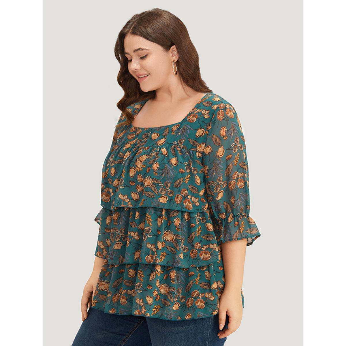 Plus Size Cyan Floral Print Square Neck Layered Ruffle Trim Blouse Women Office Half Sleeve Square Neck Dailywear Blouses BloomChic 12/L Product Image