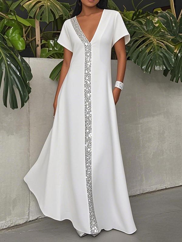 A-Line Loose Pockets Shiny Solid Color V-Neck Maxi Dresses Product Image