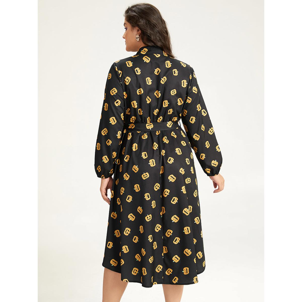 Plus Size Halloween Pumpkin Print Shirt Collar Belted Button Dress Black Women Office Elastic cuffs Shirt collar Long Sleeve Curvy Midi Dress BloomChic 12/L Product Image