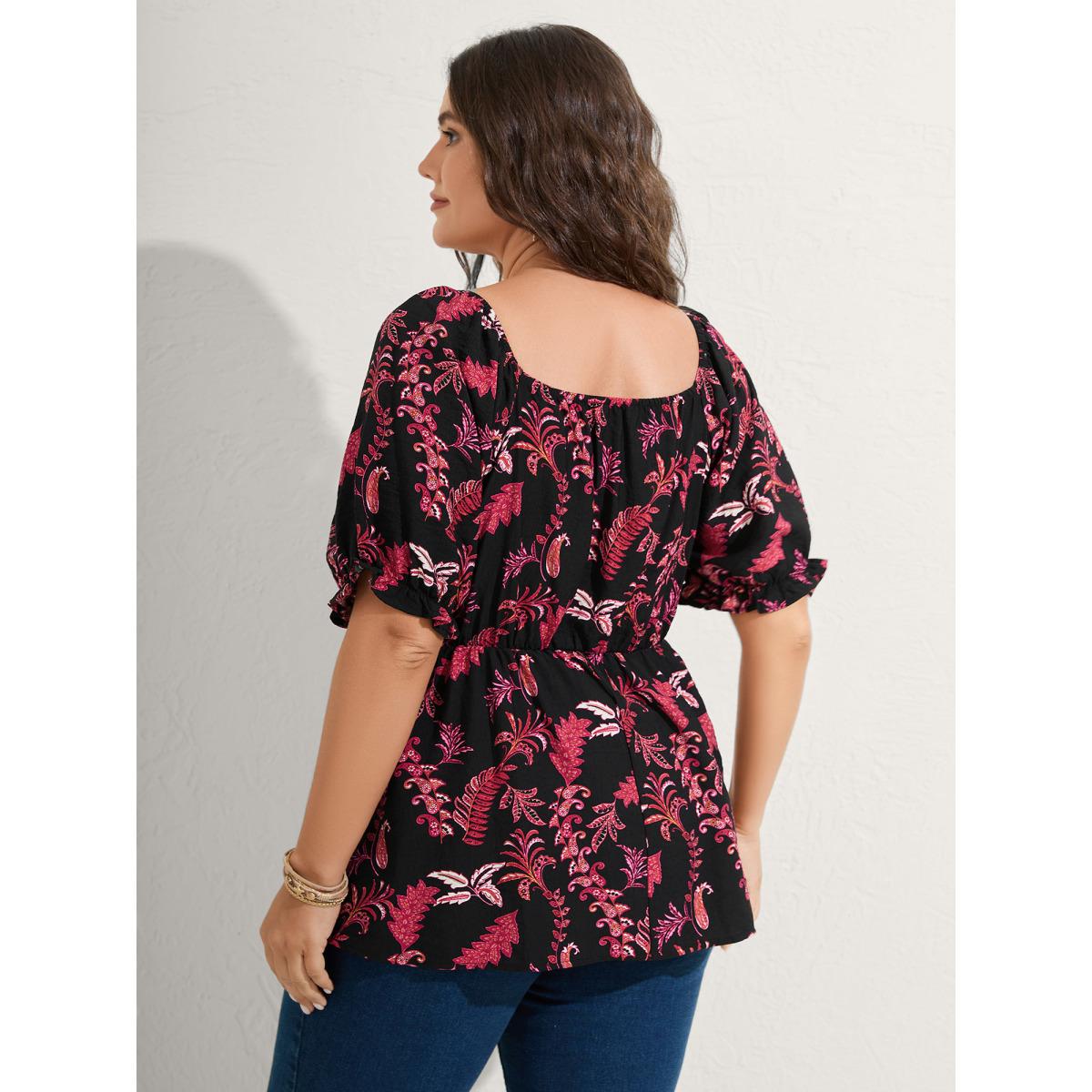Plus Size Black Boho Print Neck Tie Flowy Shirt Women Short sleeve Heart neckline Vacation Blouses BloomChic 12/L Product Image