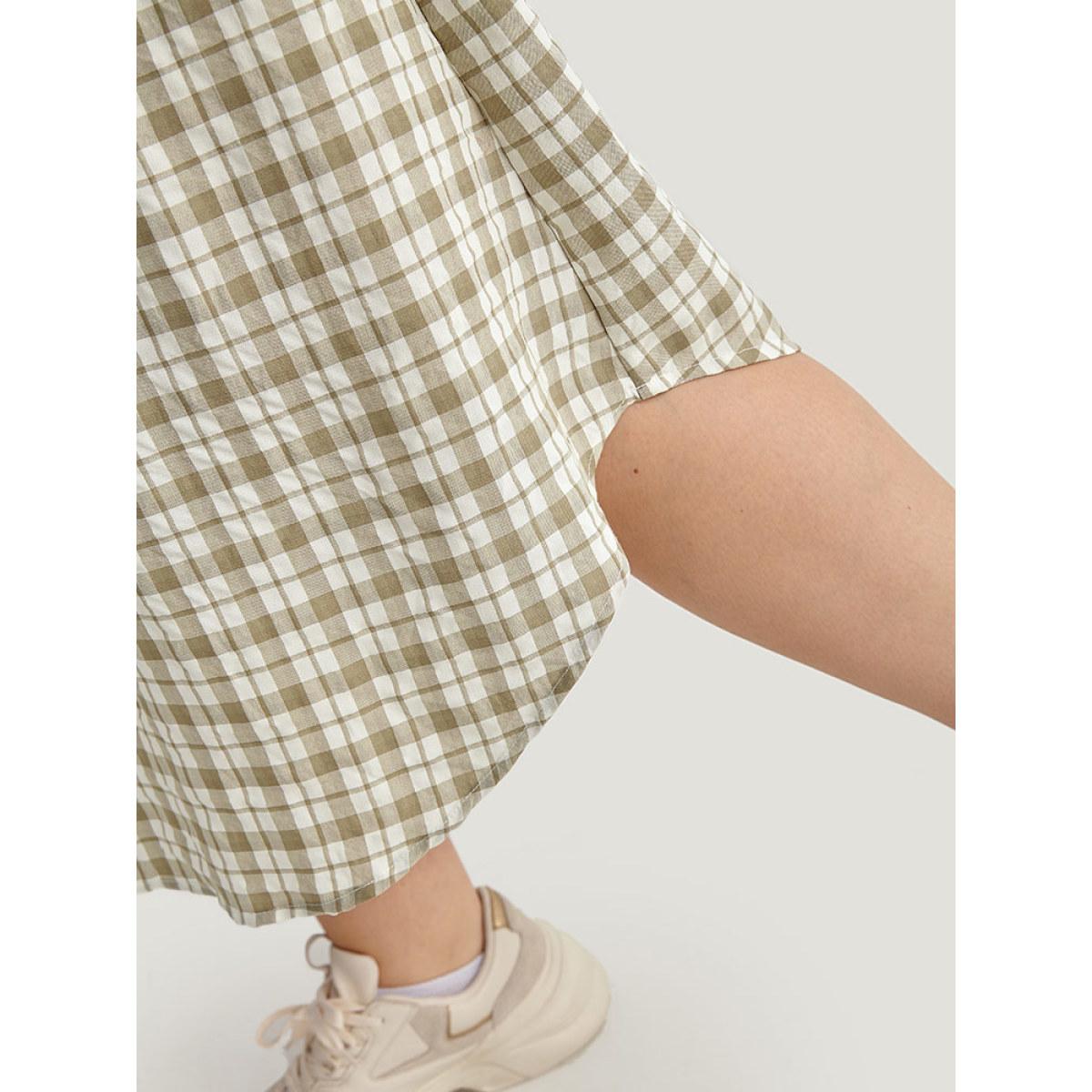 Plus Size Gingham Button Through Arc Hem Dress Sage Women Casual Printed Notched collar Long Sleeve Curvy Midi Dress BloomChic 26/4X Product Image