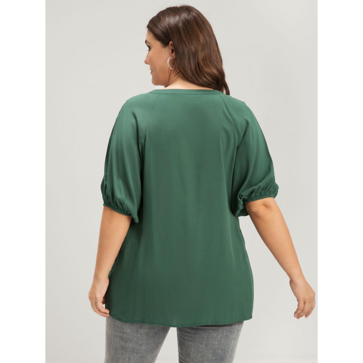 Plus Size Green Floral Embroidered Puff Sleeve V Neck Blouse Women Elegant Half Sleeve V-neck Dailywear Blouses BloomChic 10/M Product Image