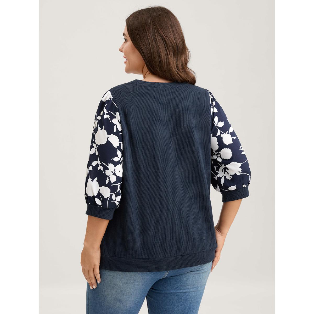 Plus Size Textured Floral Puffy Sleeve Sweatshirt Women Indigo Timeless Texture Round Neck Elegant Sweatshirts BloomChic 12/L Product Image