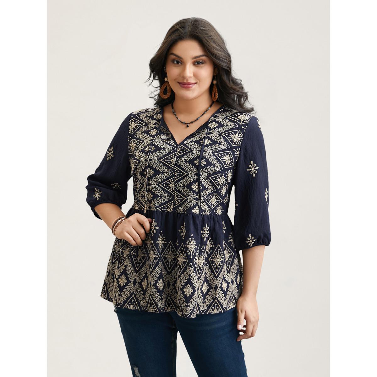 Plus Size Indigo Boho Embroidered Pleated V-Neck Blouse Women Resort Elbow-length sleeve V-neck Vacation Blouses BloomChic 14-16/1X Product Image