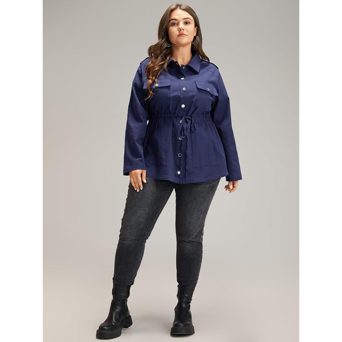 Plus Size Solid Metal Detail Pocket Drawstring Coat Women Indigo Casual Plain Ladies Dailywear Winter Coats BloomChic 18-20/2X Product Image