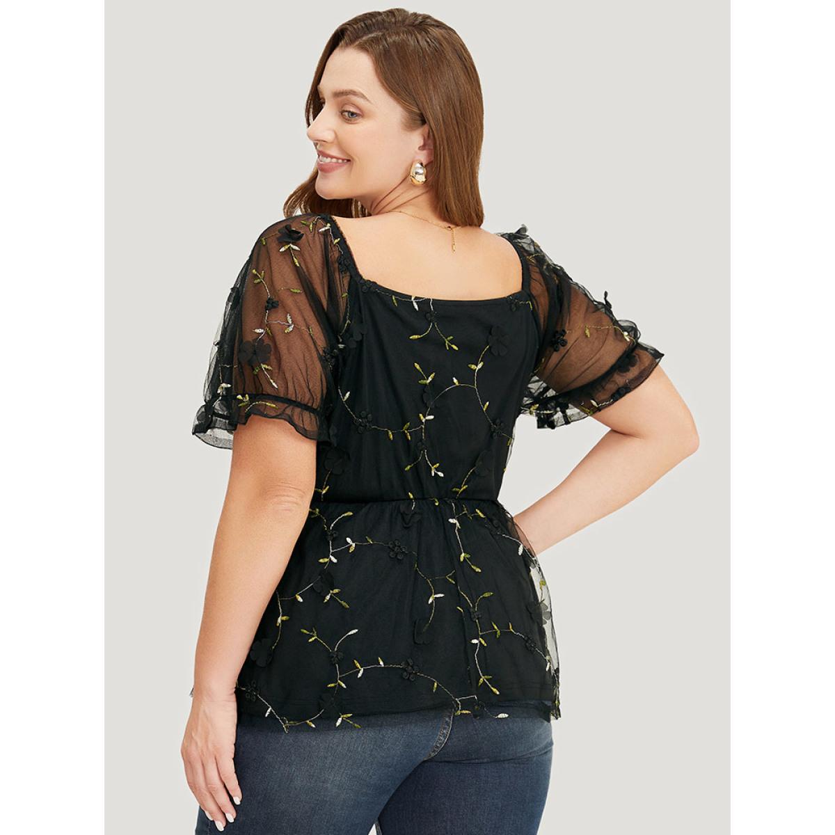 Plus Size BlackFlower Plant Embroidered Appliques Mesh Puff Sleeve Blouse Women Party Short sleeve Square Neck Going out Blouses BloomChic 12/L Product Image