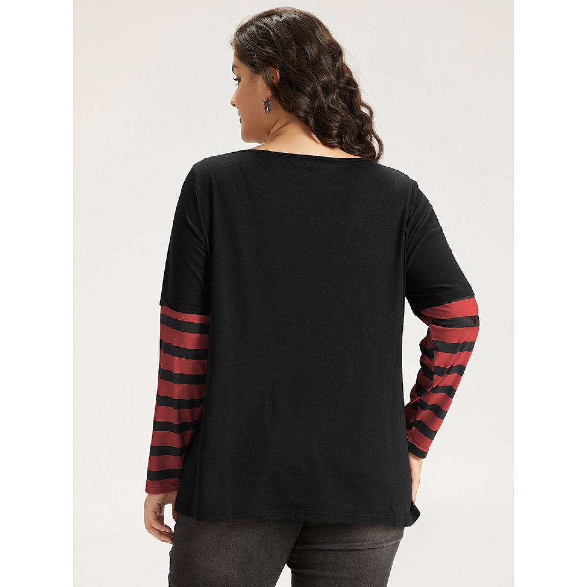 Plus Size Halloween Striped & Skull Print Patchwork T-shirt Red Women Casual Printed Halloween Festival-Halloween T-shirts BloomChic 14-16/1X Product Image