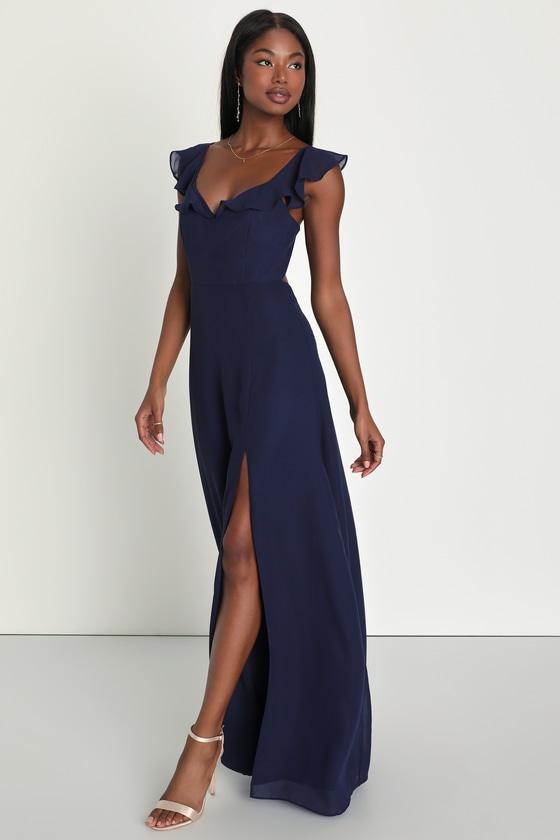 Sweetest Entrance Navy Blue Ruffled Tie-Back Maxi Dress Product Image