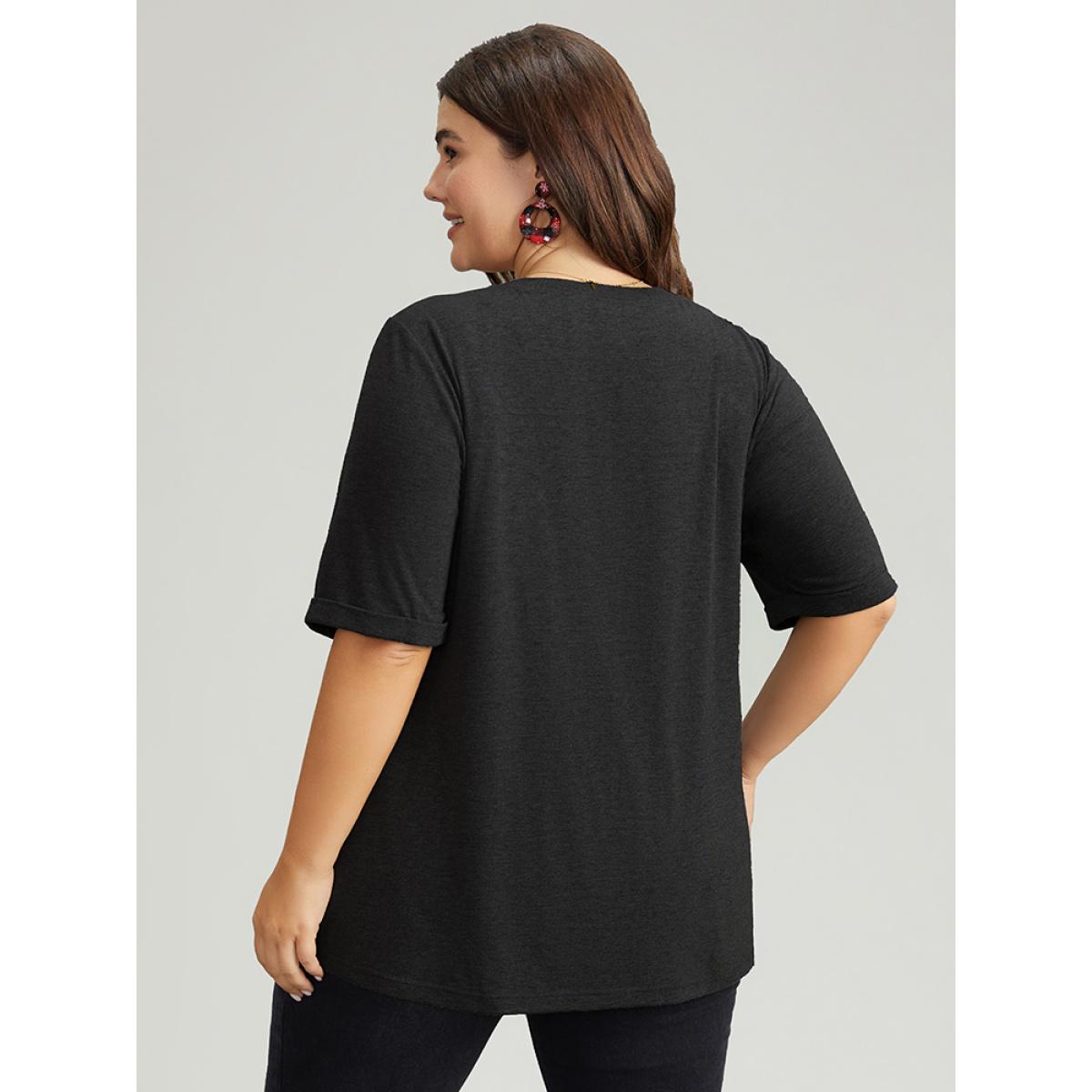 Plus Size Christmas Gingham Patchwork V Neck T-shirt Black Women Casual Printed Christmas Festival-Christmas T-shirts BloomChic 12/L Product Image