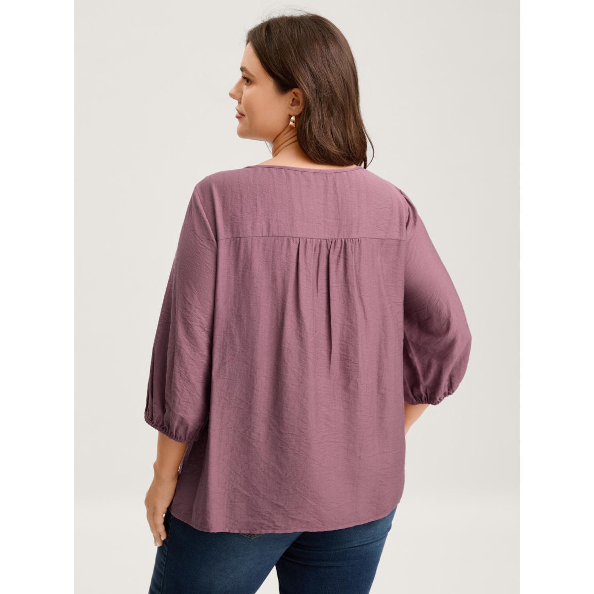 Plus Size Mauve Lace Neck Tie Flowy Solid Blouse Women Boho Elbow-length sleeve V-neck Vacation Blouses BloomChic 10/M Product Image