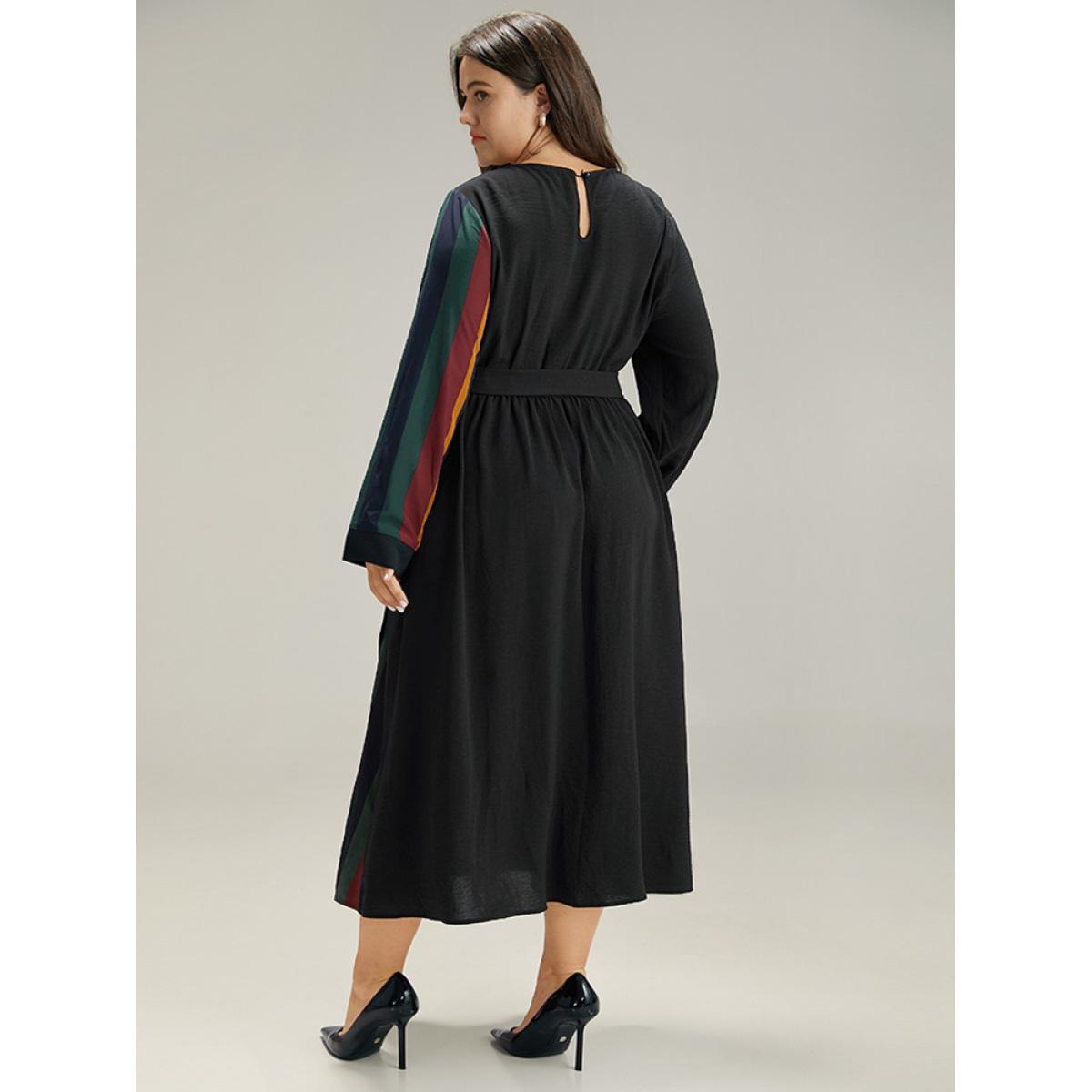 Plus Size Striped Pocket Patchwork Belted Elastic Waist Dress Black Women Office Belted Round Neck Long Sleeve Curvy Midi Dress BloomChic 14-16/1X Product Image