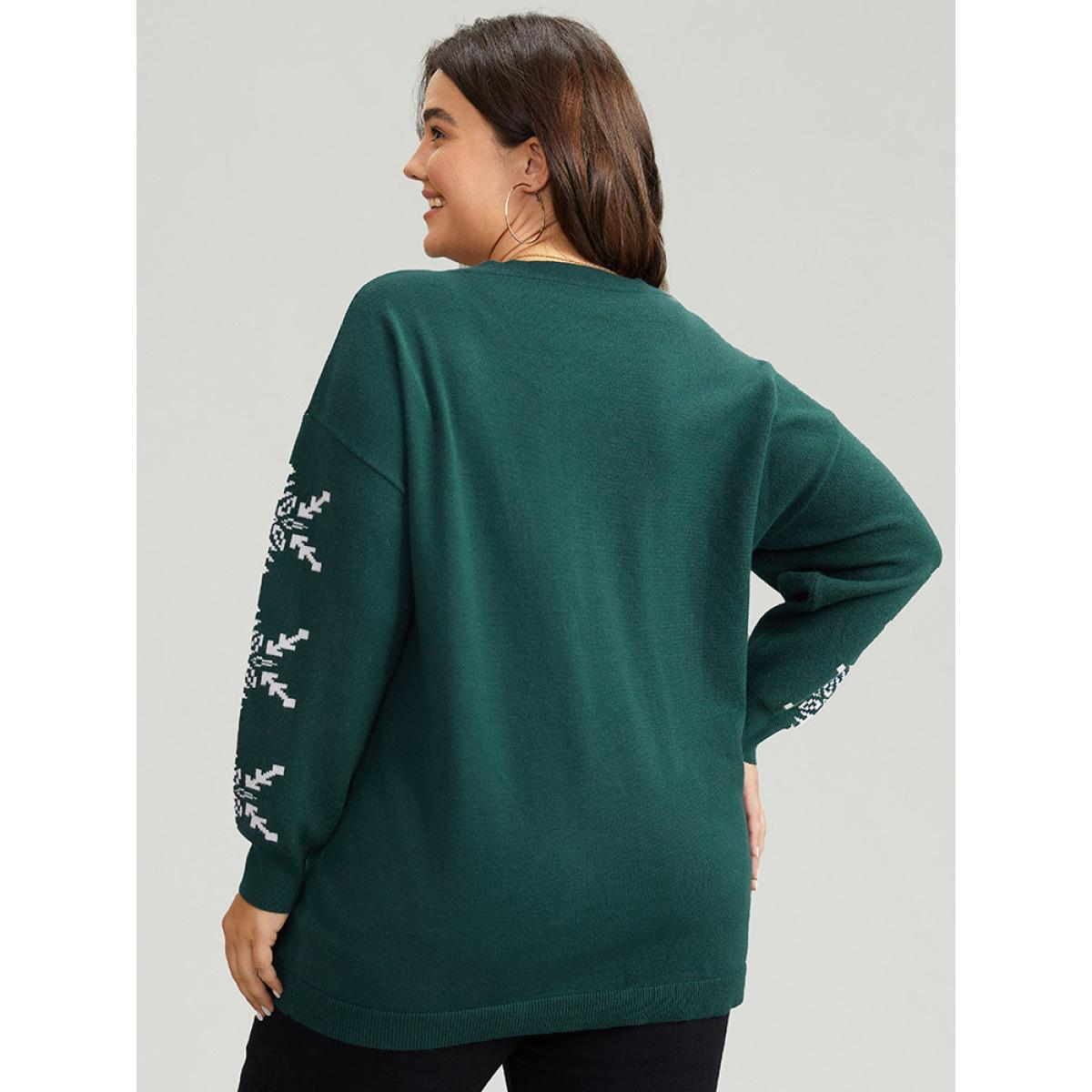 Plus Size Supersoft Essentials Snowflake Print V Neck Pullover DarkGreen Women Casual Loose Long Sleeve V-neck Festival-Christmas Pullovers BloomChic 12/L Product Image