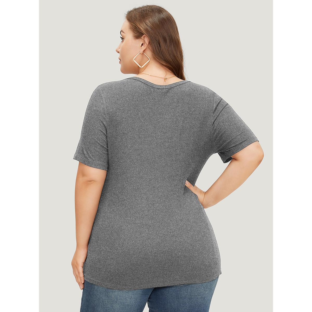 Plus Size Plain Scoop Neck Button Through Rib Knit T-shirt Gray Women Casual Button Plain Scoop Neck Skinny Dailywear T-shirts BloomChic 14-16/1X Product Image