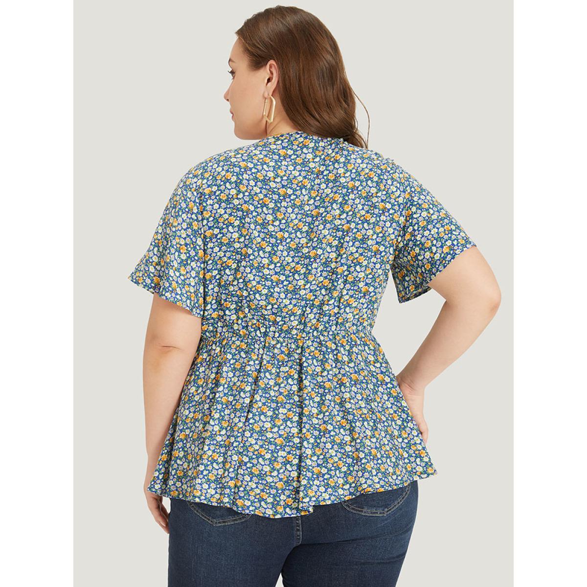 Plus Size DarkBlue Ditsy Floral Knot V Neck Blouse Women Elegant Short sleeve V-neck Dailywear Blouses BloomChic 22-24/3X Product Image