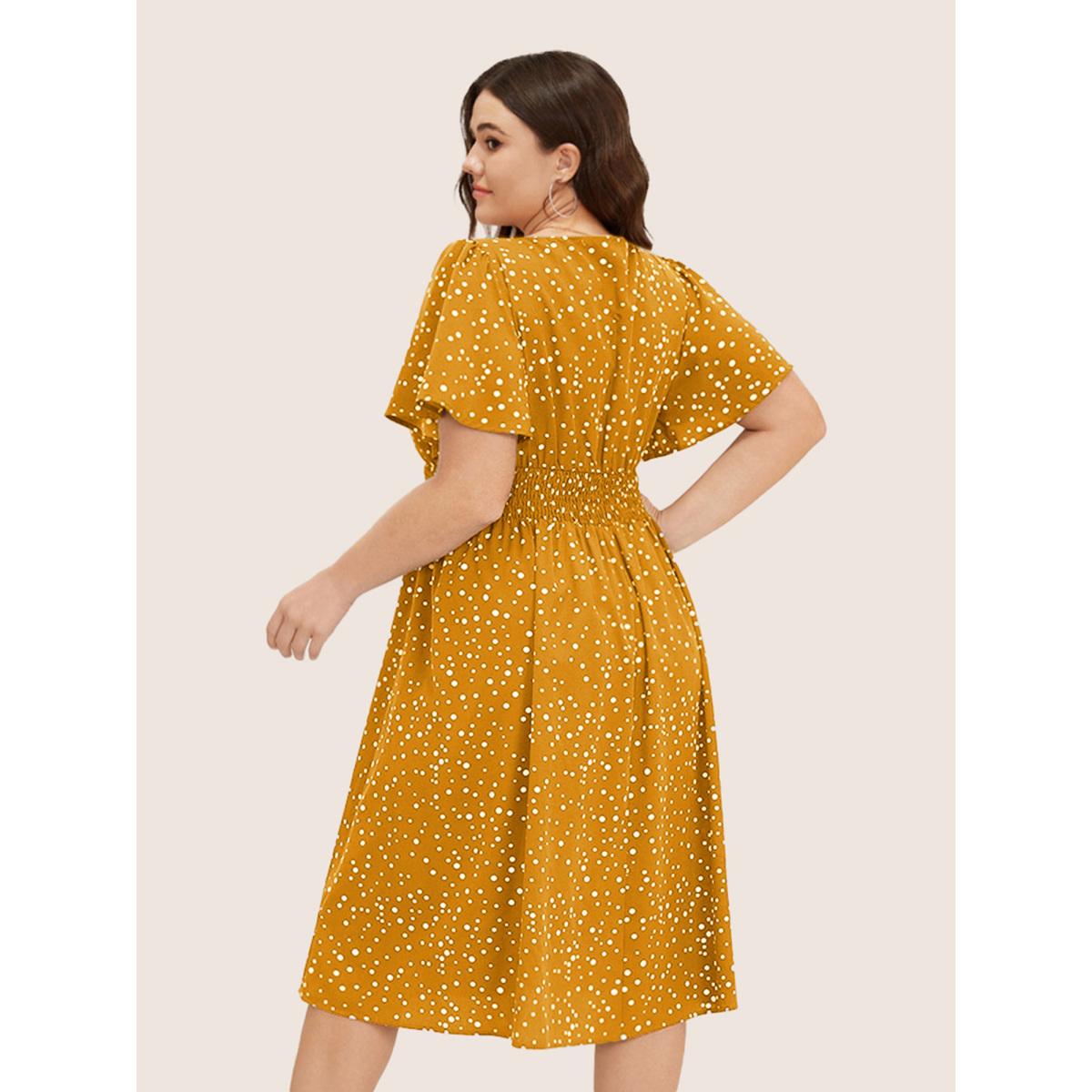 Plus Size Polka Dot Wrap Pocket Shirred Ruffle Sleeve Dress Yellow Women Elegant Patchwork Curvy Midi Dress BloomChic 30/6X Product Image