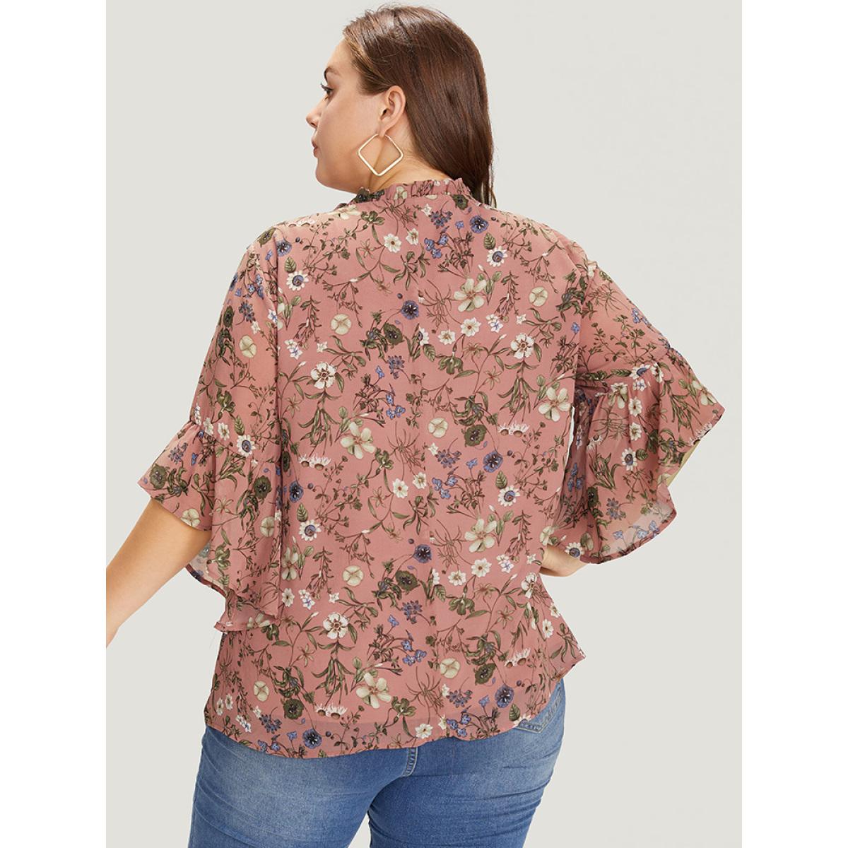 Plus Size Rouge Floral Tie Neck Frill Trim Bell Sleeve Blouse Women Elegant Half Sleeve Tie Neck Dailywear Blouses BloomChic 30/6X Product Image