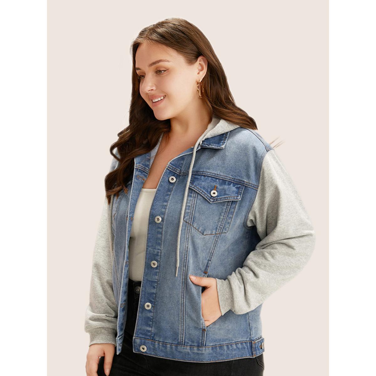 Women Hooded Patchwork Flap Pocket Denim Jacket Stone Plus Size Plain Contrast Casual Slanted pocket Leisure Denim Jackets BloomChic 28/5X Product Image