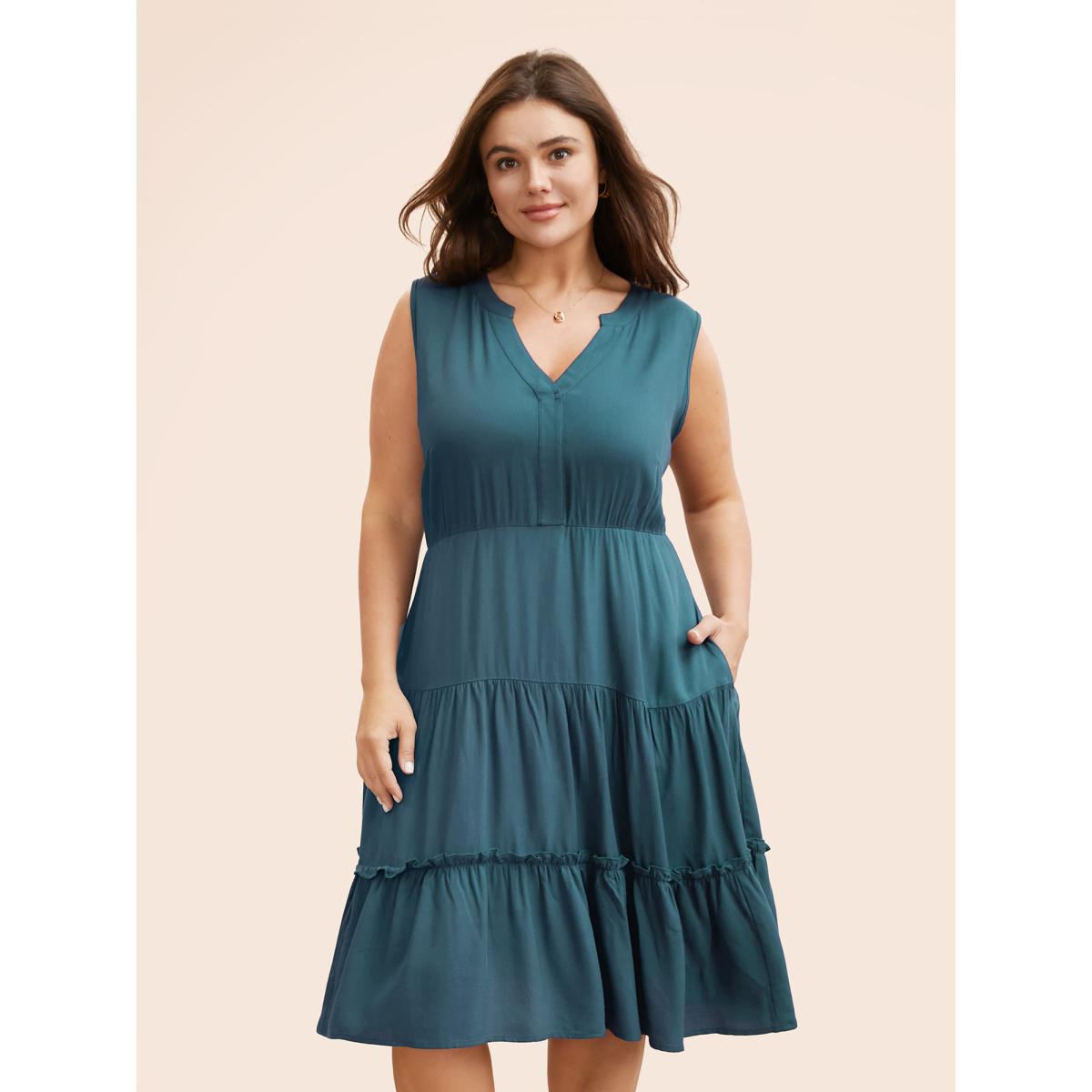 Plus Size Supersoft Essentials Notched Ruffle Layered Hem Sleeveless Dress ArmyGreen Women Elegant Gathered V-neck Sleeveless Curvy Midi Dress BloomChic 12/L Product Image