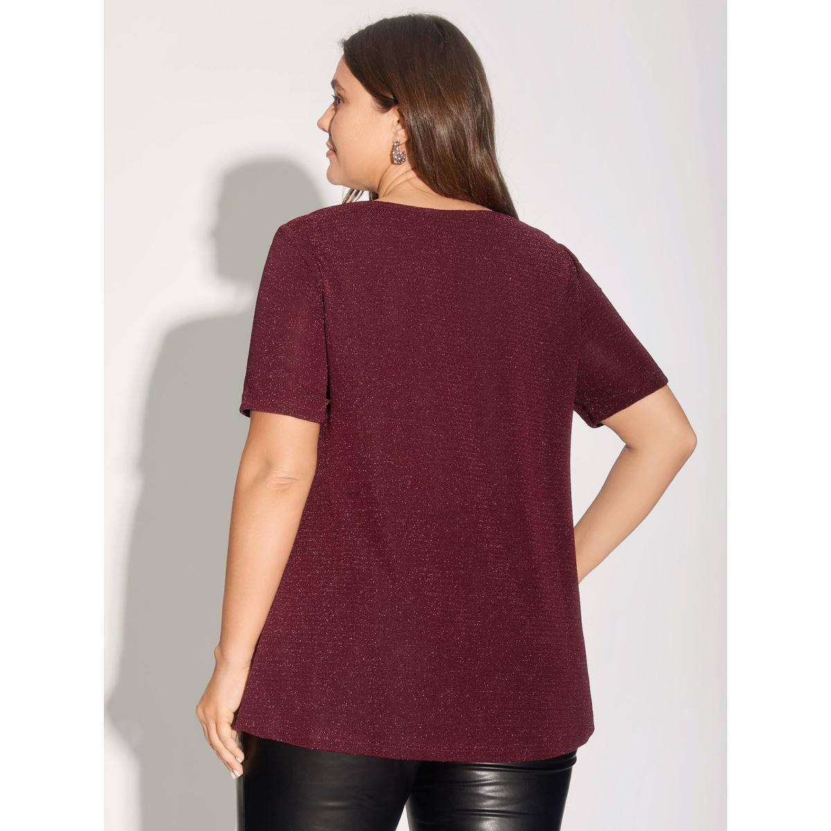 Plus Size Shimmering Gold & Silver Thread A-Line Tee Burgundy Women Leisure Non Round Neck Loose Casual T-shirts BloomChic 30/6X Product Image