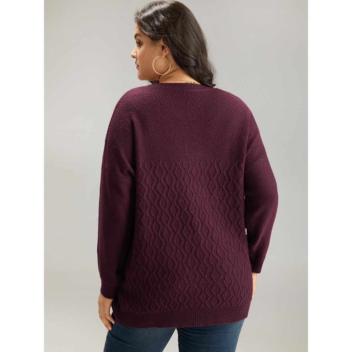 Plus Size Plisse Solid Drop Shoulder Pullover RedViolet Women Casual Loose Long Sleeve V-neck Dailywear Pullovers BloomChic 18-20/2X Product Image