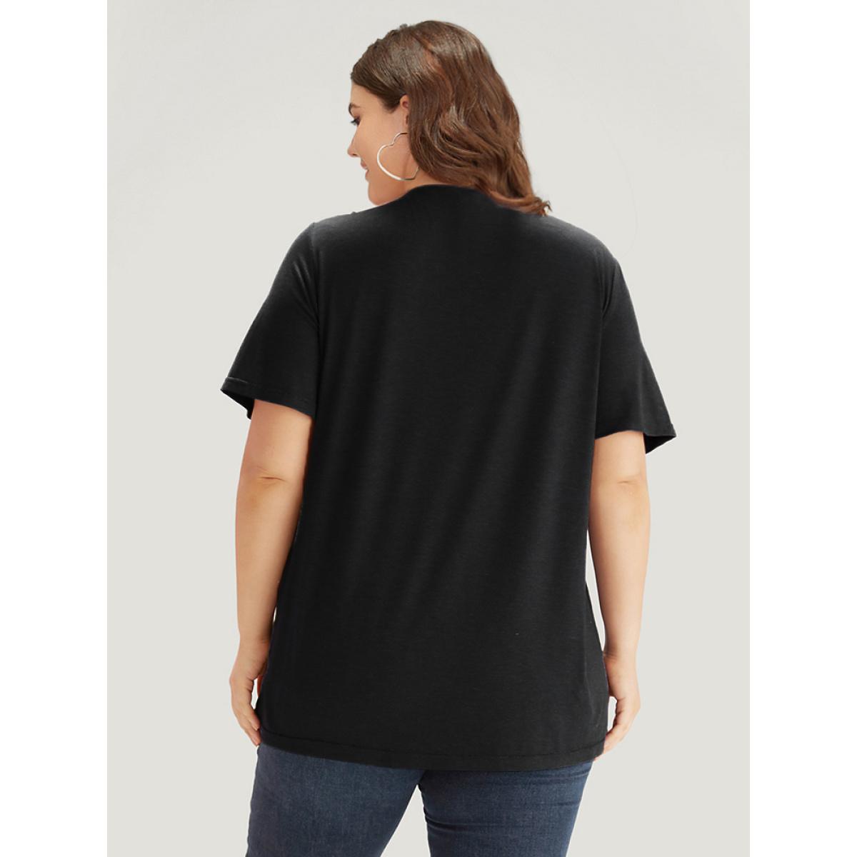 Plus Size Plain Heather Crisscross V Neck T-shirt Black Women Casual Heather Plain V-neck Dailywear T-shirts BloomChic 10/M Product Image