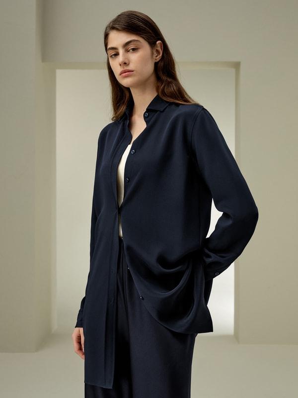 LILYSILK Shirt for Women Silk - Midnight Blue Mulberry Silk - Organic Long Sleeve Tops XS Product Image