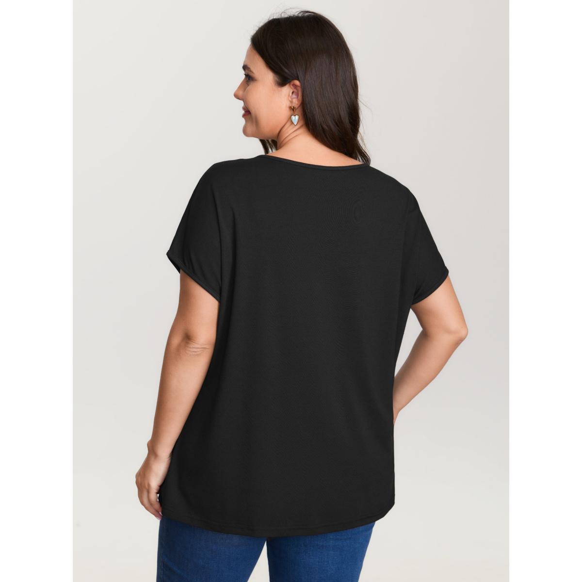 Plus Size Heart Print Stretchy Dolman Sleeve T-Shirt Black Women Leisure Non V-neck Casual T-shirts BloomChic 10/M Product Image