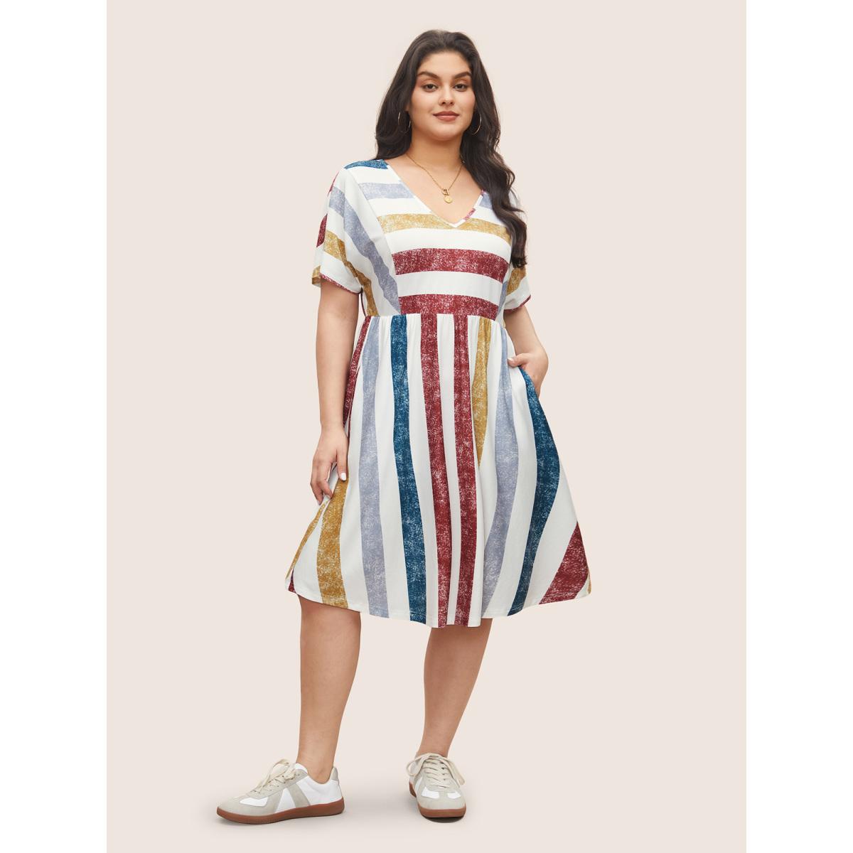 Plus Size Color Striped Pocket Batwing Sleeve Dress Multicolor Women Casual Non V-neck Short sleeve Curvy Midi Dress BloomChic 18-20/2X Product Image