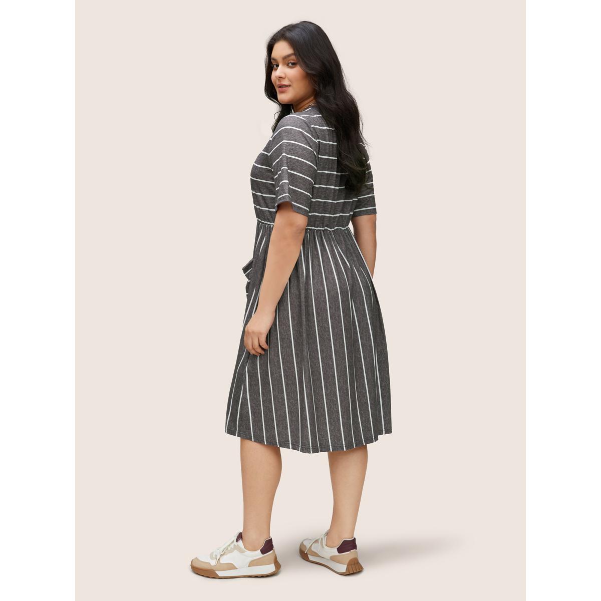 Plus Size Striped Patched Pocket Elastic Waist Dress DimGray Women Casual Non Round Neck Short sleeve Curvy Midi Dress BloomChic 14-16/1X Product Image