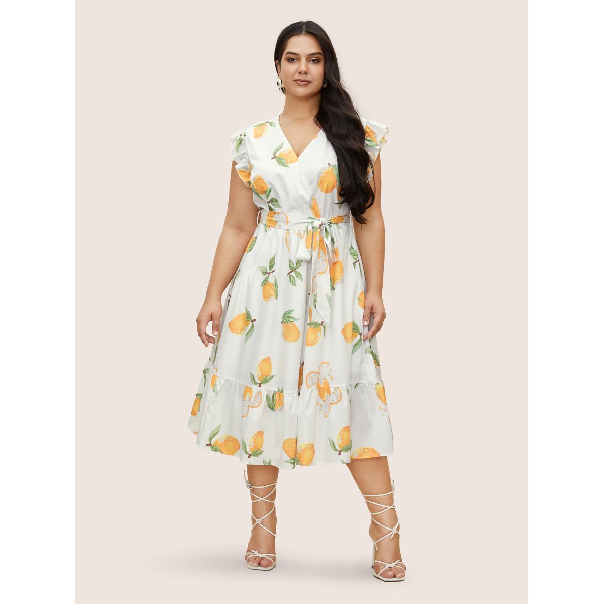 Plus Size Citrus Lemon Print Ruffles Patchwork Belted Dress White Women Elegant Overlapping Overlap Collar Cap Sleeve Curvy BloomChic 14-16/1X Product Image