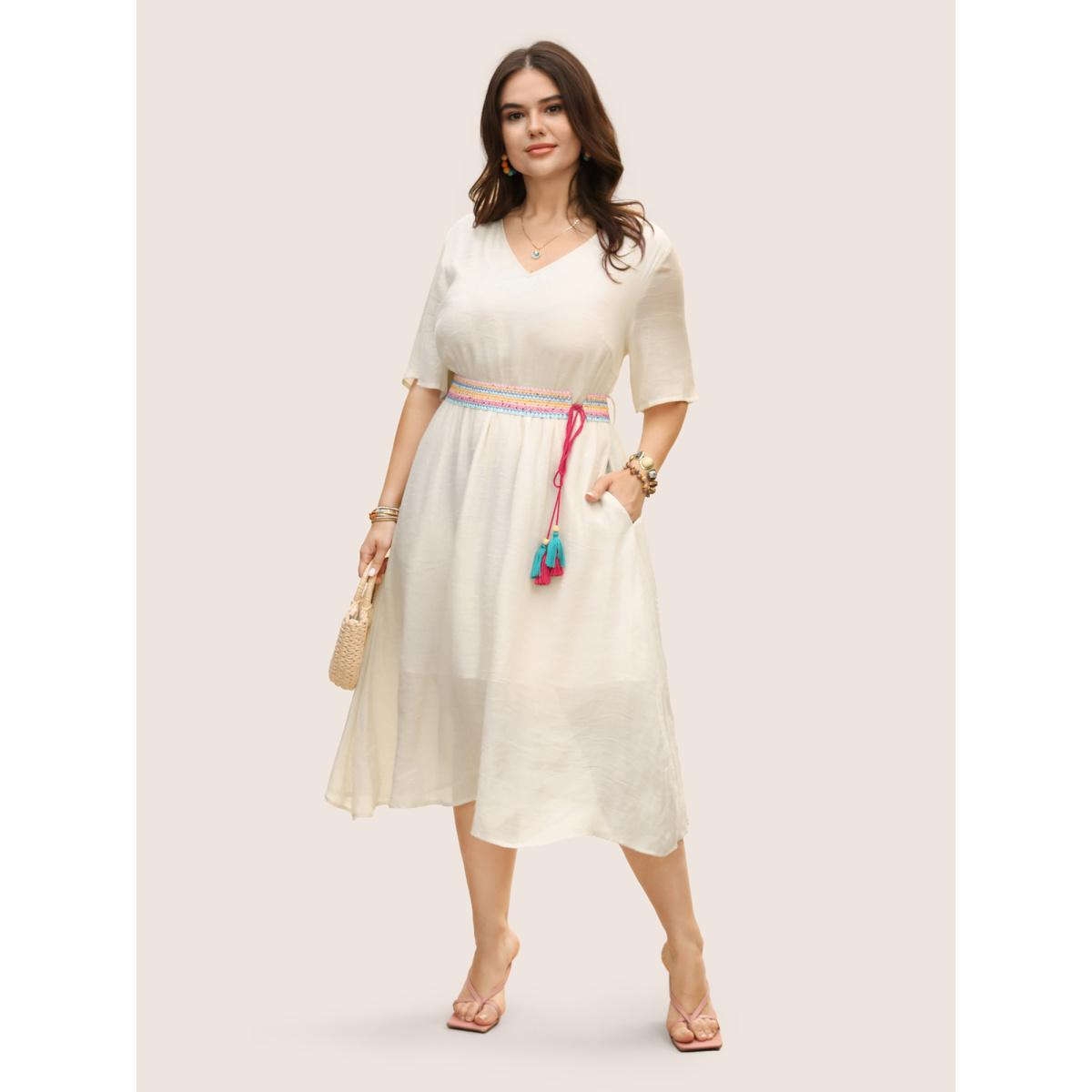 Plus Size V Neck Tassel Trim Mesh Midi Dress Originalwhite Women Resort V-neck Half Sleeve Curvy BloomChic 12/L Product Image