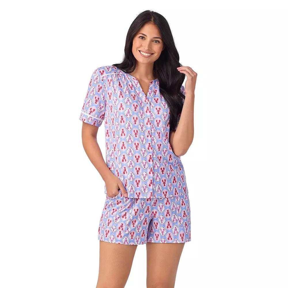 Women's Cuddl Duds® Short Sleeve Split Neck Pajama Top and Pajama Shorts Set, Size: Medium, Peri Red Product Image