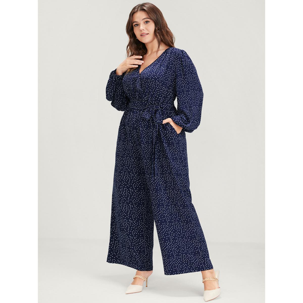 Plus Size DarkBlue Polka Dot Belted Lantern Sleeve Pocket Button Wrap Jumpsuit Women Elegant Long Sleeve V-neck Dailywear Loose Jumpsuits BloomChic 10/M Product Image