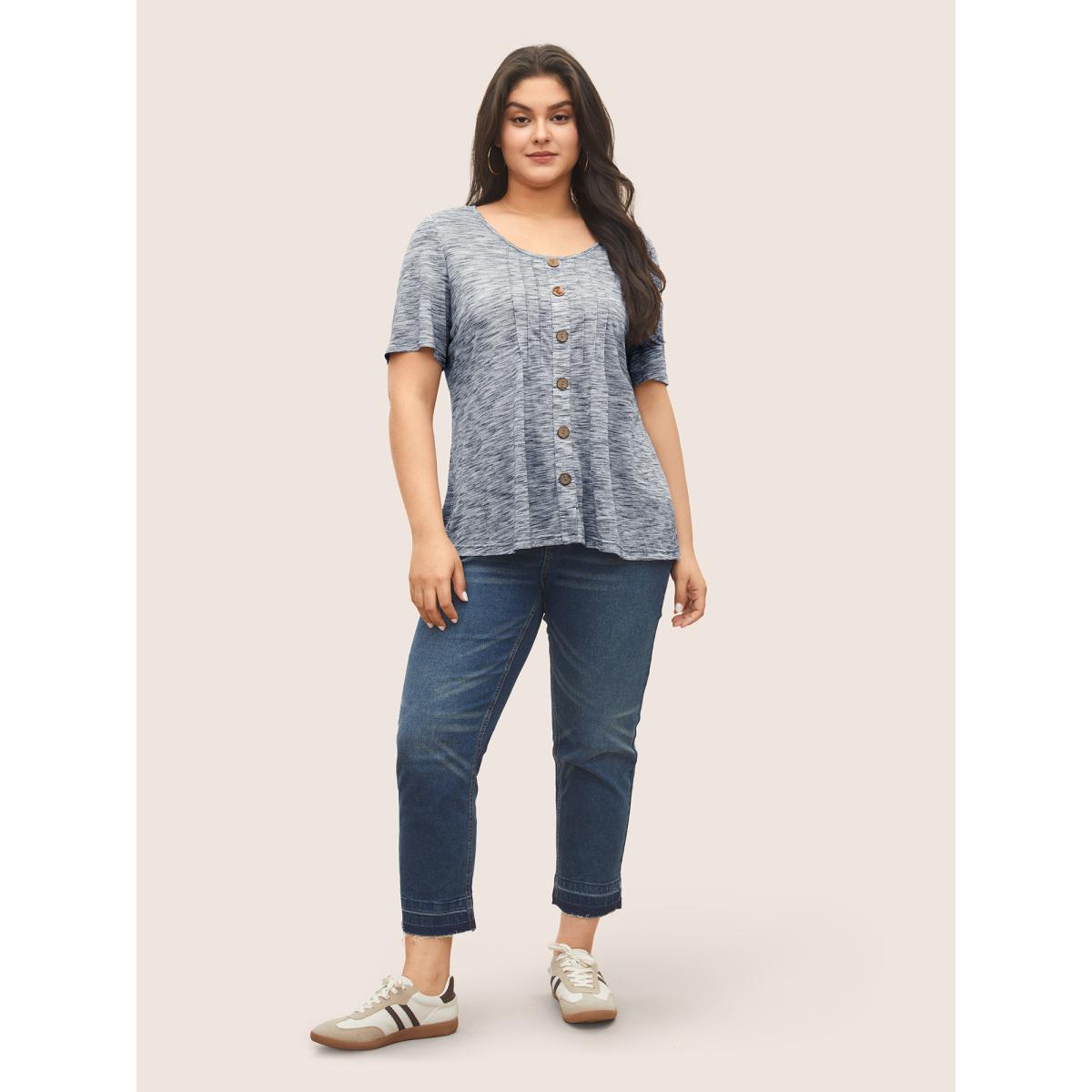 Plus Size Round Neck Heather Pleated Button Detail T-shirt DarkBlue Women Casual Button Plain Round Neck Everyday T-shirts BloomChic 14-16/1X Product Image