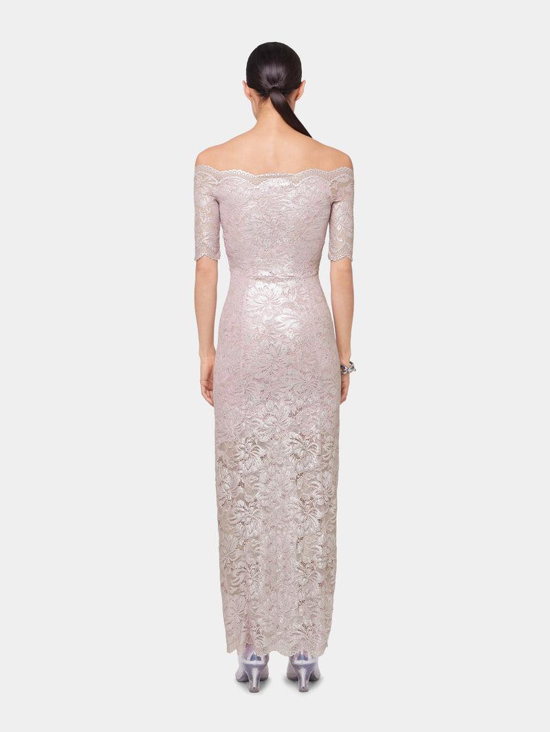 PINK LONG DRESS IN LACE WITH SILVER INDUCTION Product Image