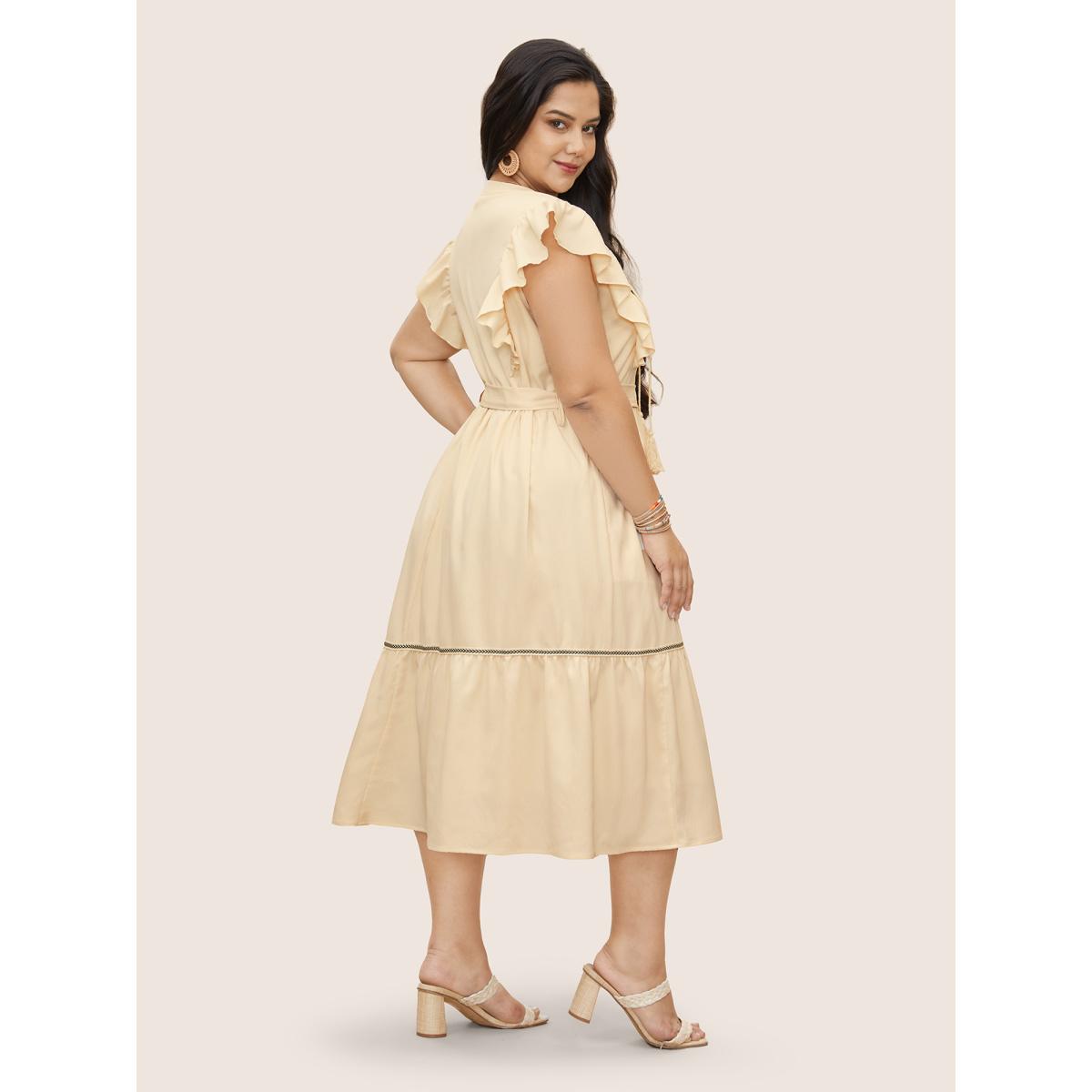 Plus Size Notch Ruffle Cap Sleeve Woven Ribbon Tassels Dress Apricot Women Resort Woven ribbon&lace trim Flat collar with V-notch Cap Sleeve Curvy Midi Dress BloomChic 22-24/3X Product Image
