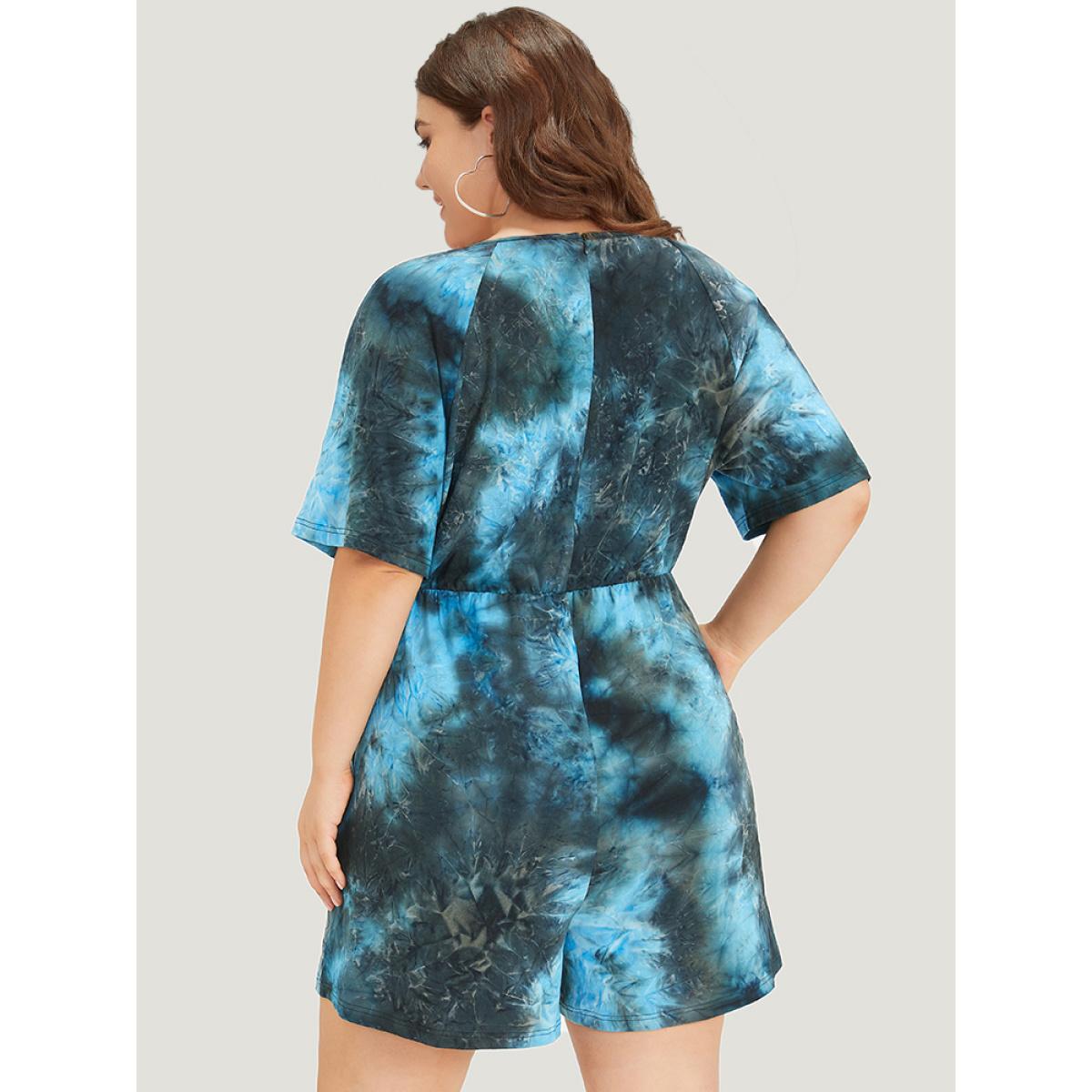 Plus Size Multicolor Tie Dye Button Up Ties Raglan Sleeve Jumpsuit Women Casual Short sleeve Round Neck Dailywear Loose Jumpsuits BloomChic 18-20/2X Product Image