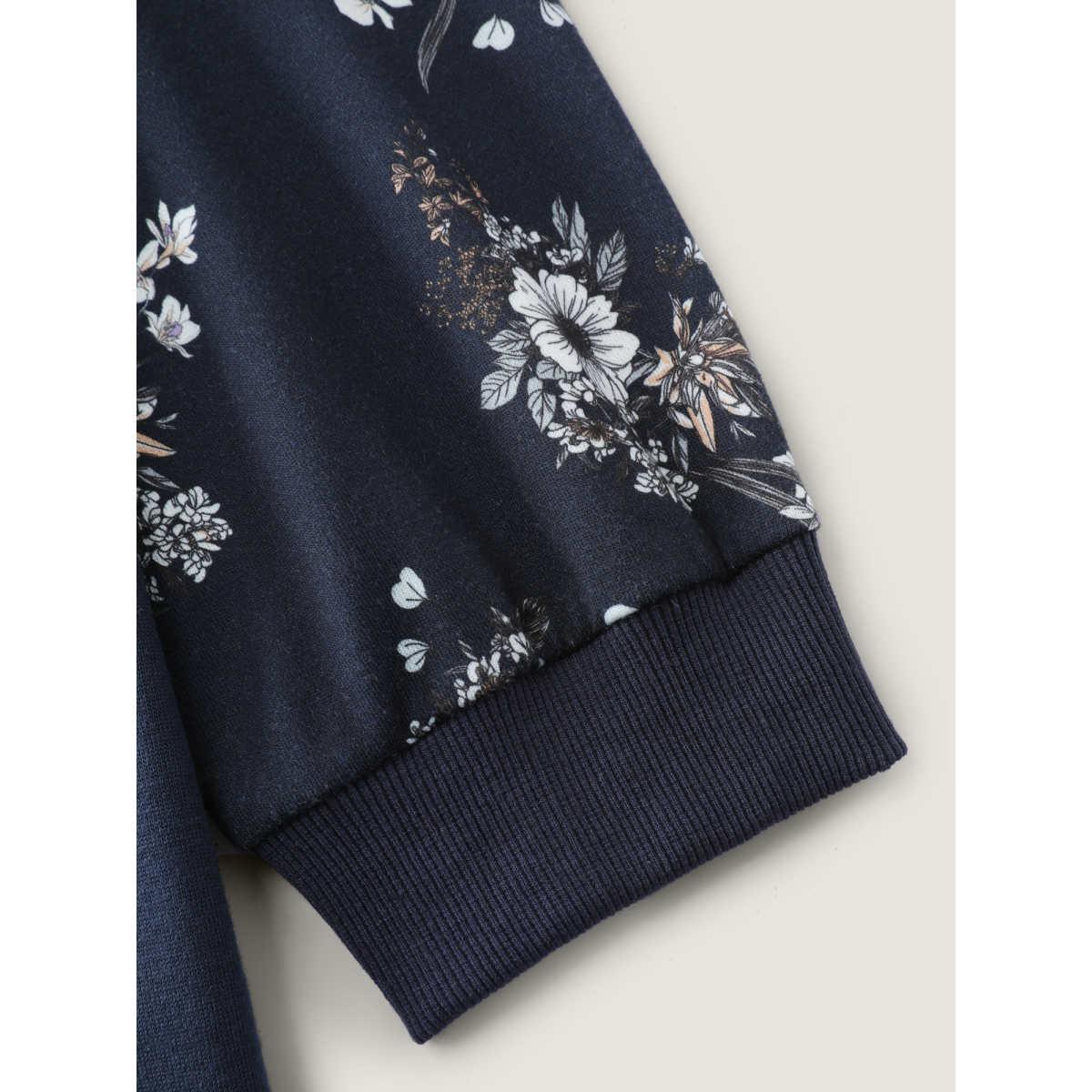 Plus Size Floral Raglan Sleeve Plain Sweatshirt Women Darkindigo Leisure Texture Round Neck Casual Sweatshirts BloomChic 10/M Product Image