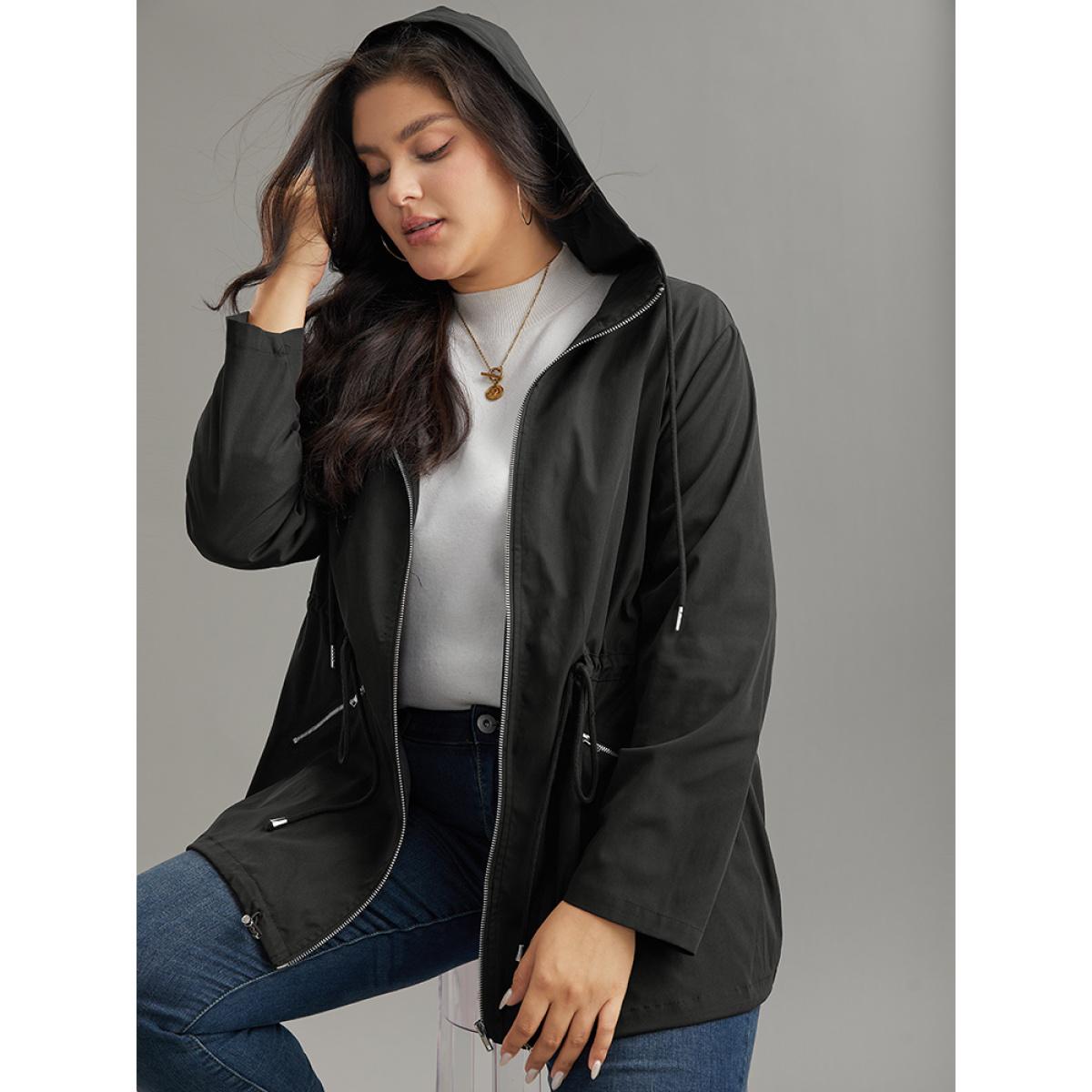 Plus Size Solid Hooded Drawstring Zipper Jacket Women Black Casual Plain Ladies Dailywear Winter Coats BloomChic 10/M Product Image