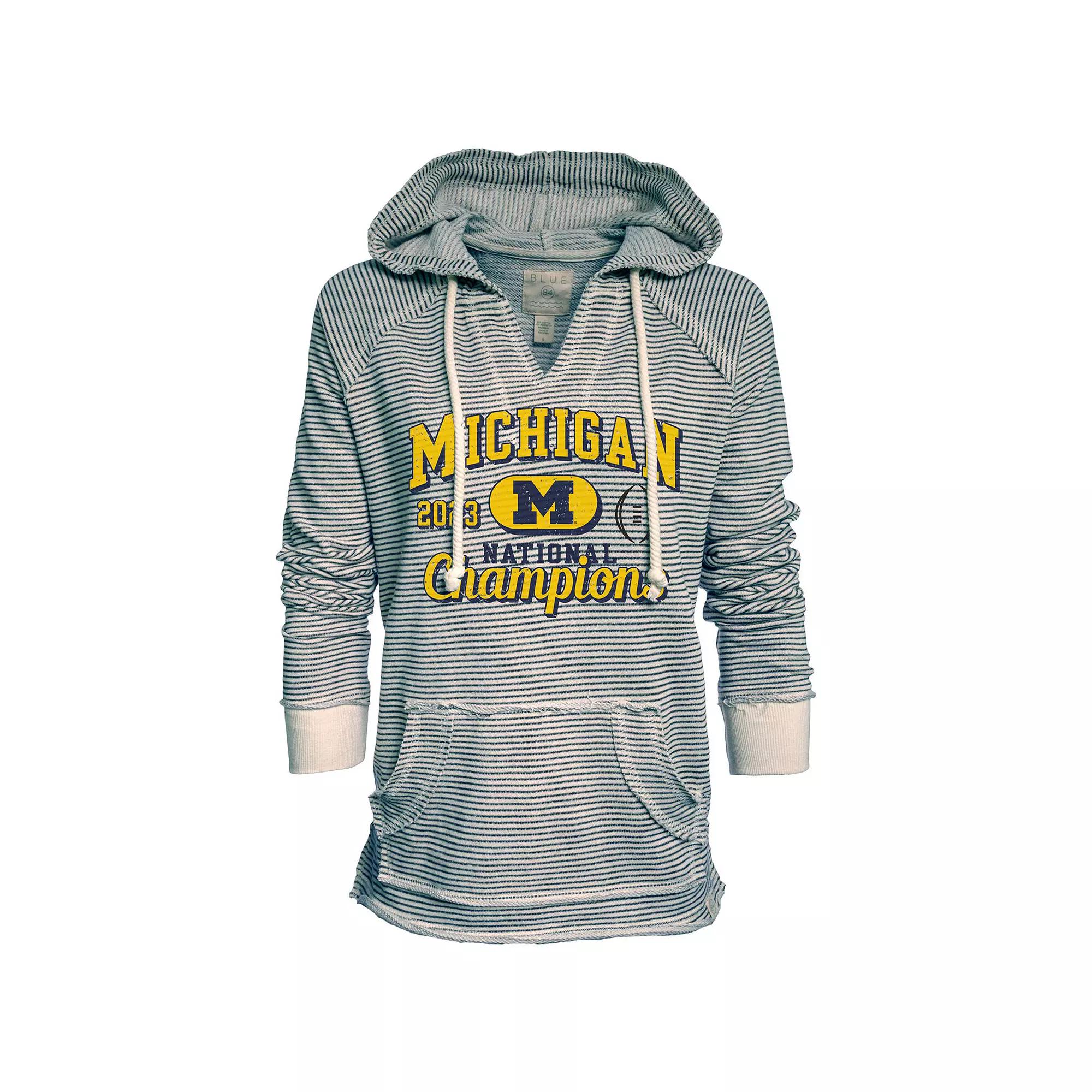 Women's Blue 84  Navy Michigan Wolverines College Football Playoff 2023 National Champions Striped French Terry V-Neck Pullover Hoodie, Size: Small Product Image