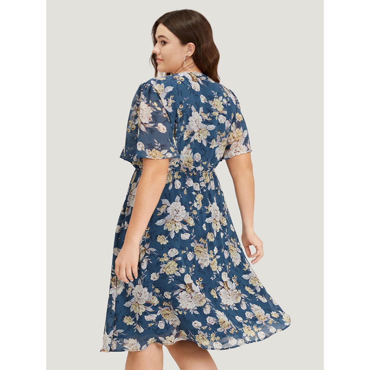 Plus Size Floral Print Surplice Neck Flutter Sleeve Dress Stone Women Elegant Gathered V-neck Short sleeve Curvy Midi Dress BloomChic 30/6X Product Image