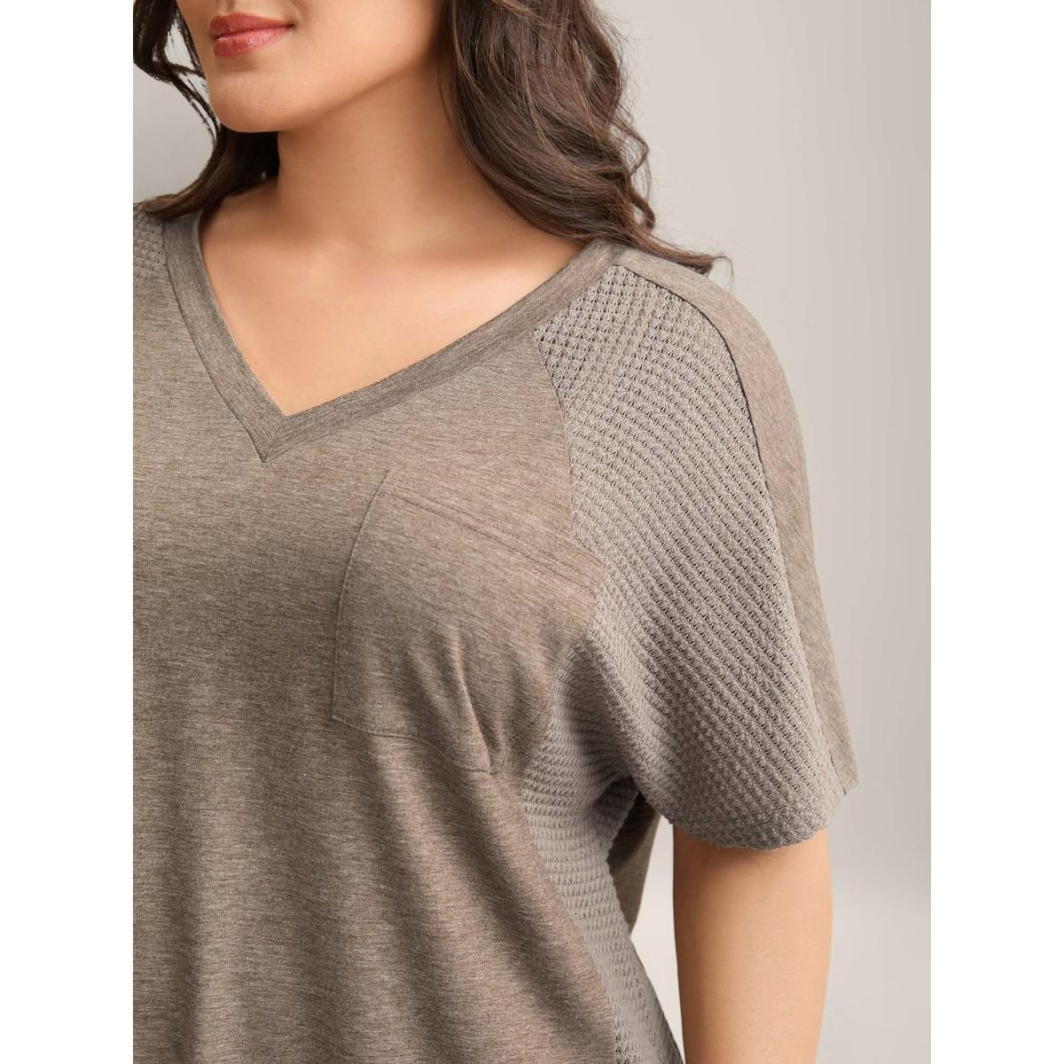 Plus Size Waffle V-Neck Pocket Plain T-Shirt LightBrown Women Leisure Texture V-neck Casual T-shirts BloomChic 28/5X Product Image