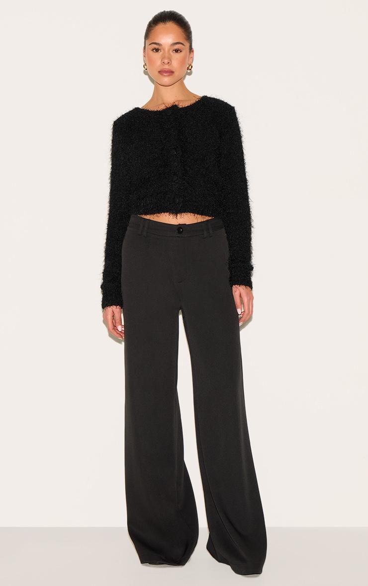 Black Textured Fluffy Knit Button Up Cardigan Product Image