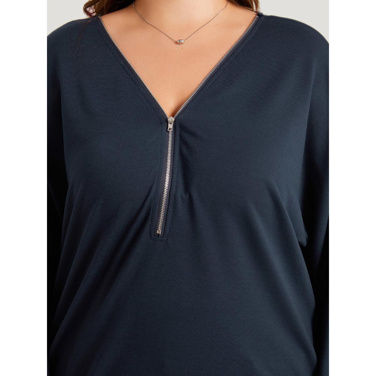 Plus Size Plain Zipper Half Elastic Cuffs Batwing Sleeve Sweatshirt Women Indigo Casual Elastic cuffs V-neck Dailywear Sweatshirts BloomChic 26/4X Product Image